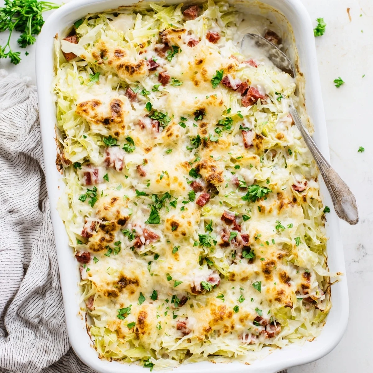 Golden bubbling creamy corned beef cabbage parmesan bake fresh from oven with melted cheese topping