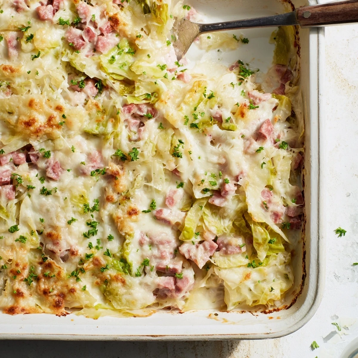 Hearty casserole dish featuring tender cabbage and corned beef in rich cream sauce under crispy parmesan crust