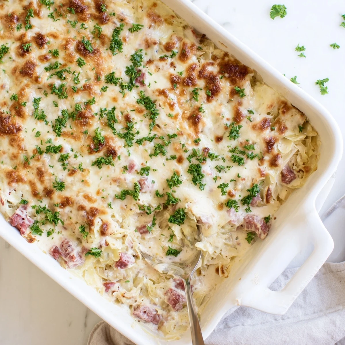 Spoonful of cheesy corned beef cabbage parmesan bake showing layers of meat cabbage and white sauce