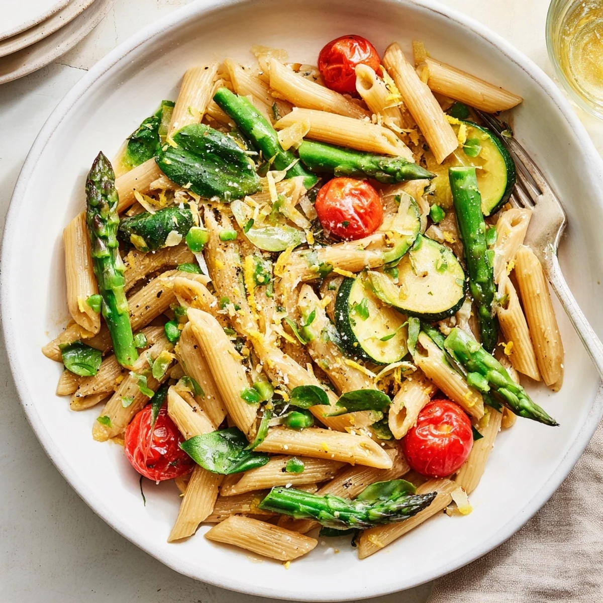 Vibrant one pot spring vegetable pasta tossed with zucchini, spinach, and fresh lemon parmesan sauce