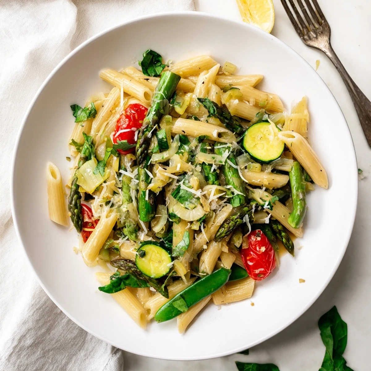 One pot spring vegetable pasta featuring tender asparagus, snap peas, and cherry tomatoes in a savory broth