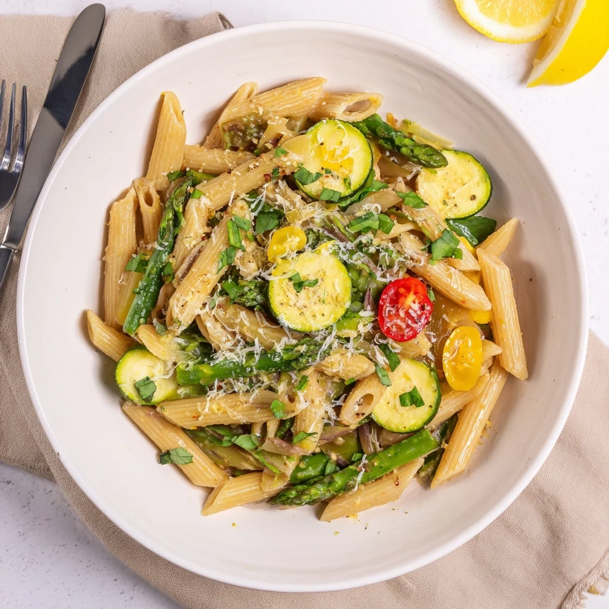 Creamy one pot spring vegetable pasta with colorful seasonal vegetables, melted parmesan, and fragrant basil