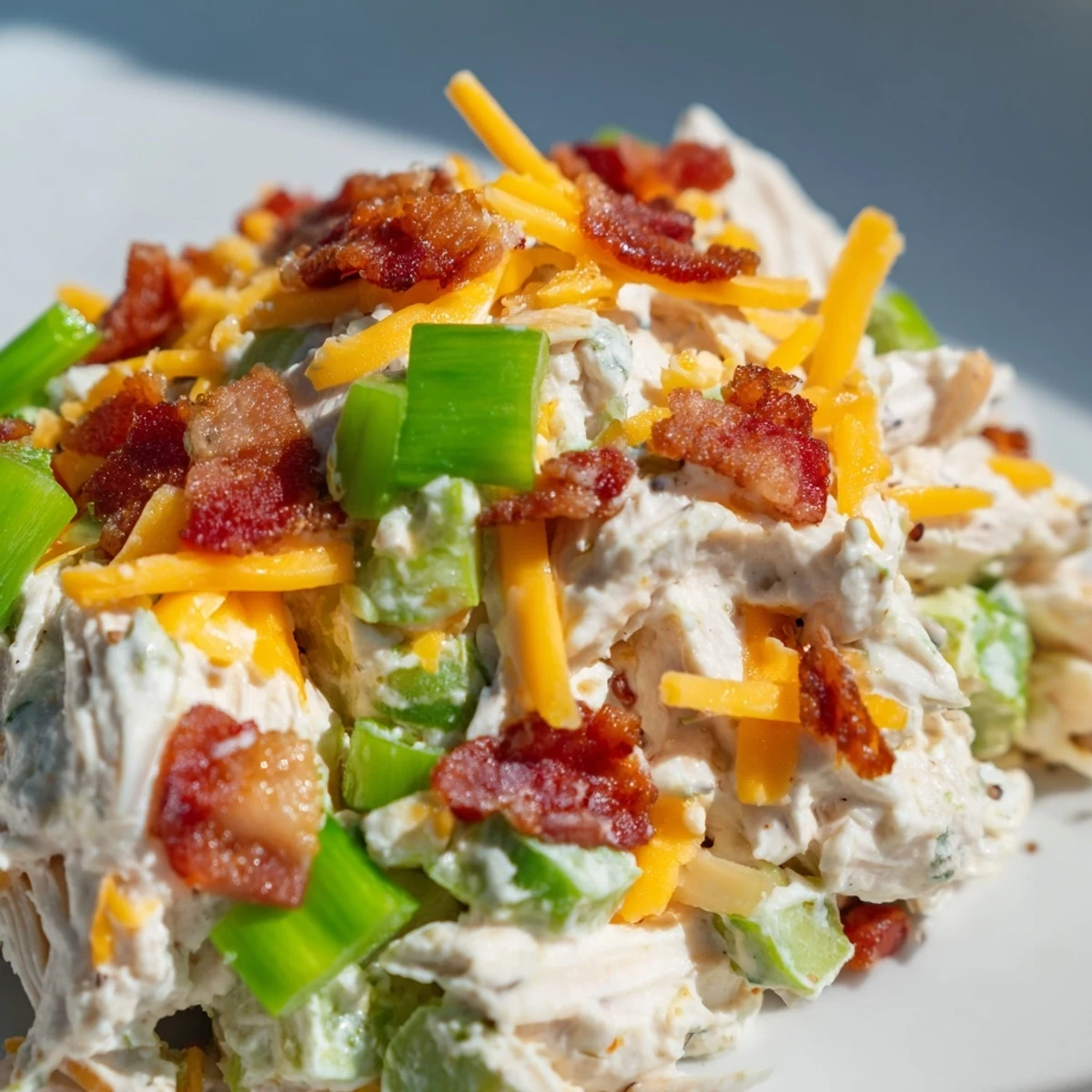 Keto chicken salad bowl featuring spicy jalapenos, melted cheddar cheese, and fresh green onions on a wooden board