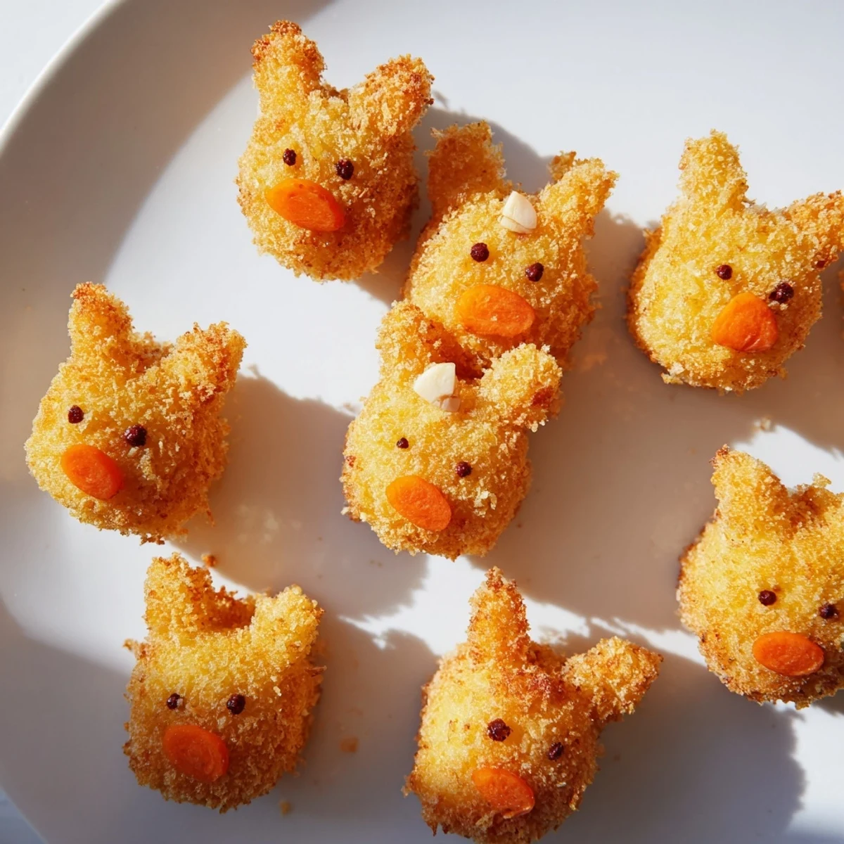 Crispy fried bunny shaped potato croquettes served on festive spring platter