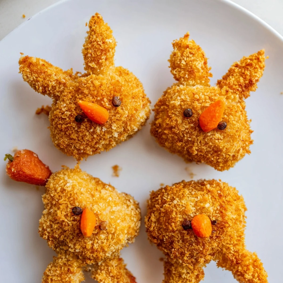Fluffy mashed potato croquettes shaped like bunnies with peppercorn eyes