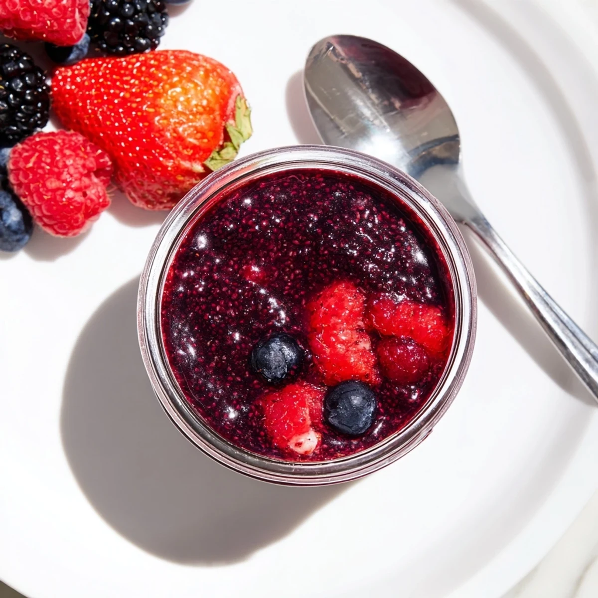 Glass jar of ruby red easy berry chia seed jam topped with whole chia seeds, spread thickly on toasted artisan bread