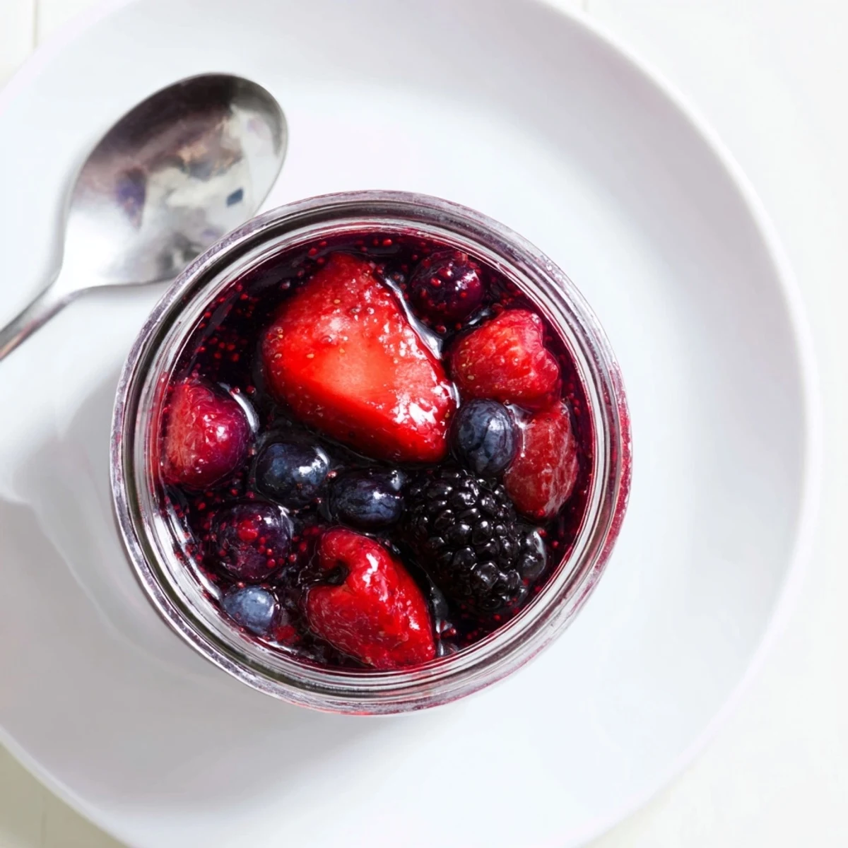 Mason jar filled with chunky easy berry chia seed jam, garnished with plump whole strawberries and glossy blackberries on white marble surface