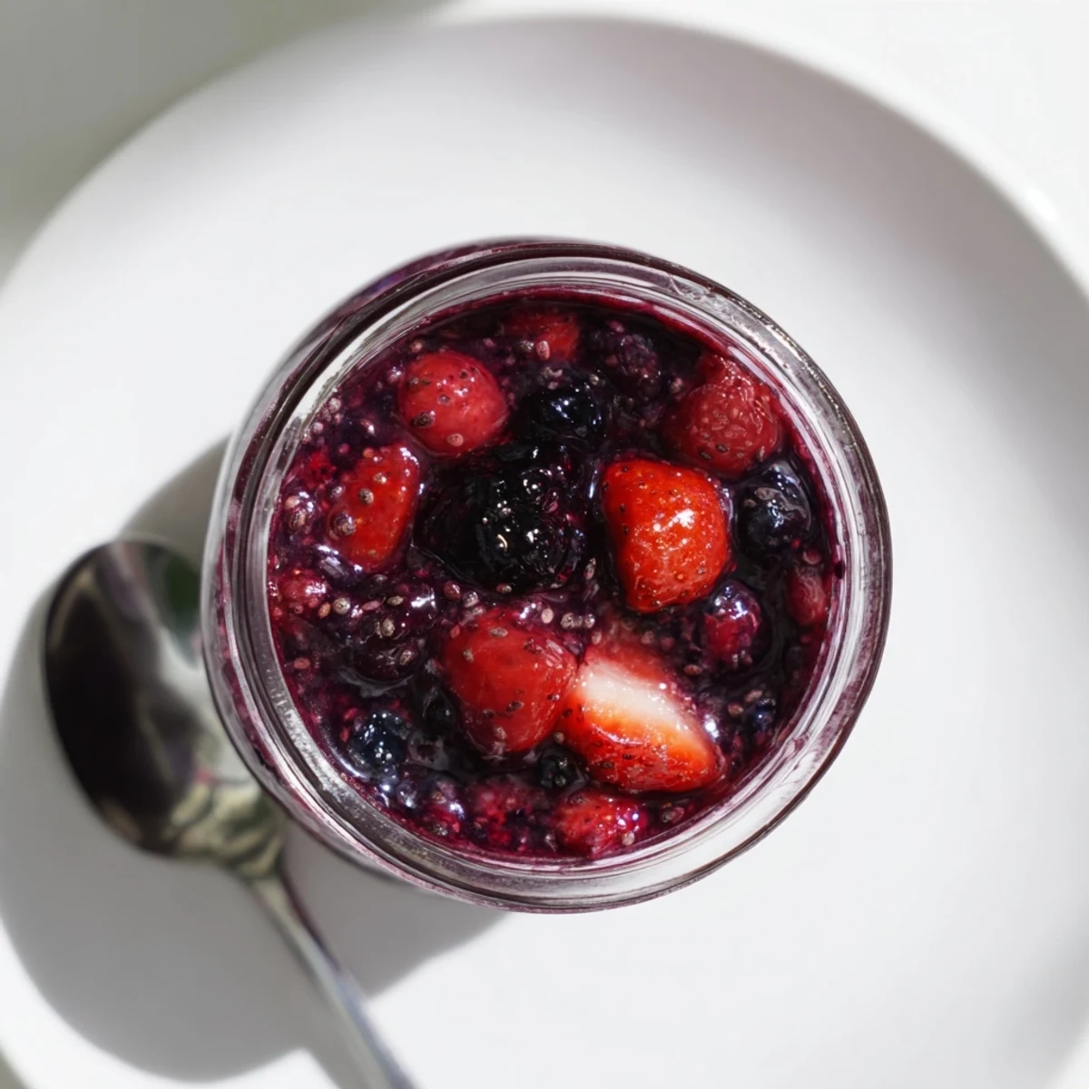 Spoonful of vibrant purple easy berry chia seed jam dripping from vintage silver spoon, with fresh scattered berries on wooden board