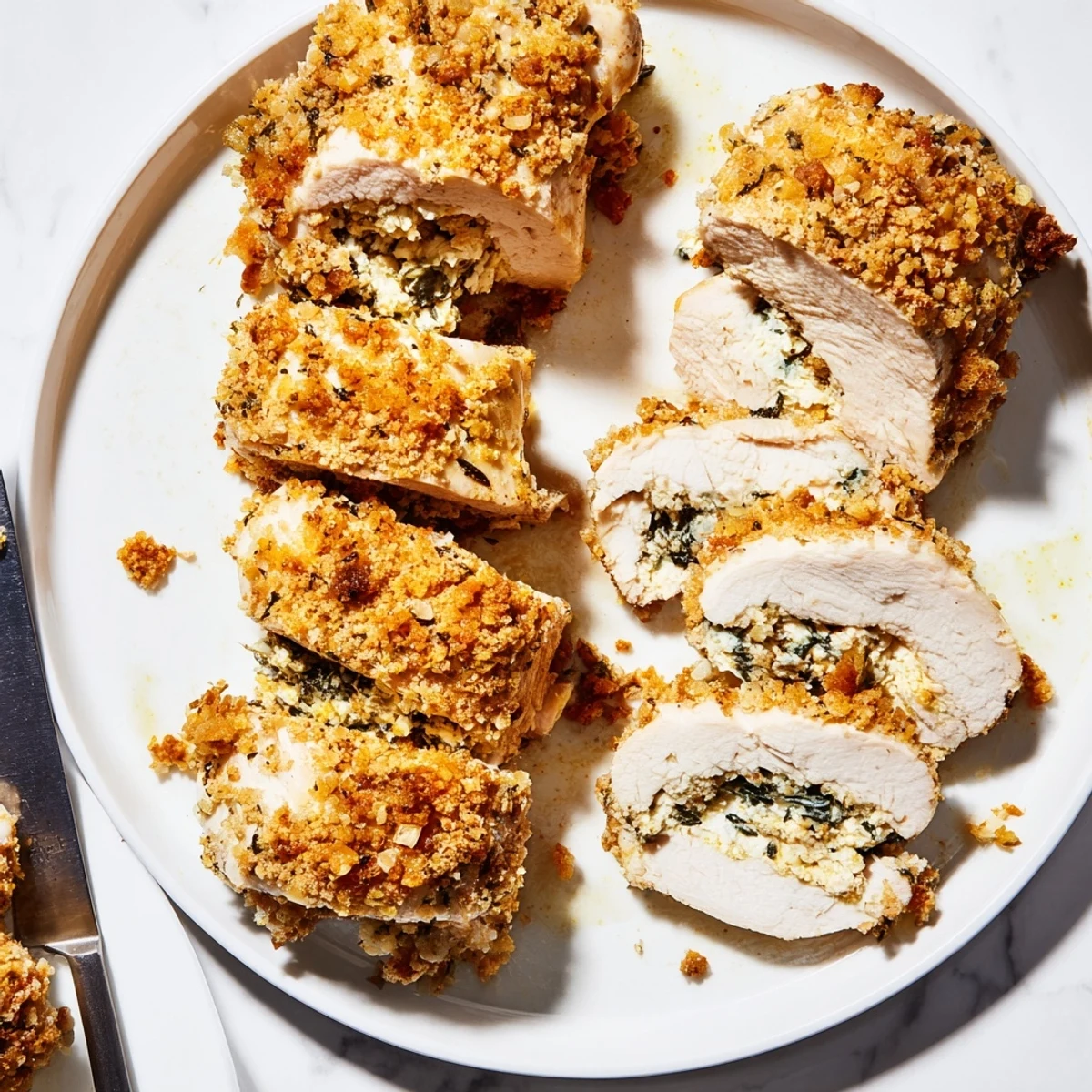 Golden brown herbed ricotta stuffed chicken rolls garnished with fresh parsley on a white plate