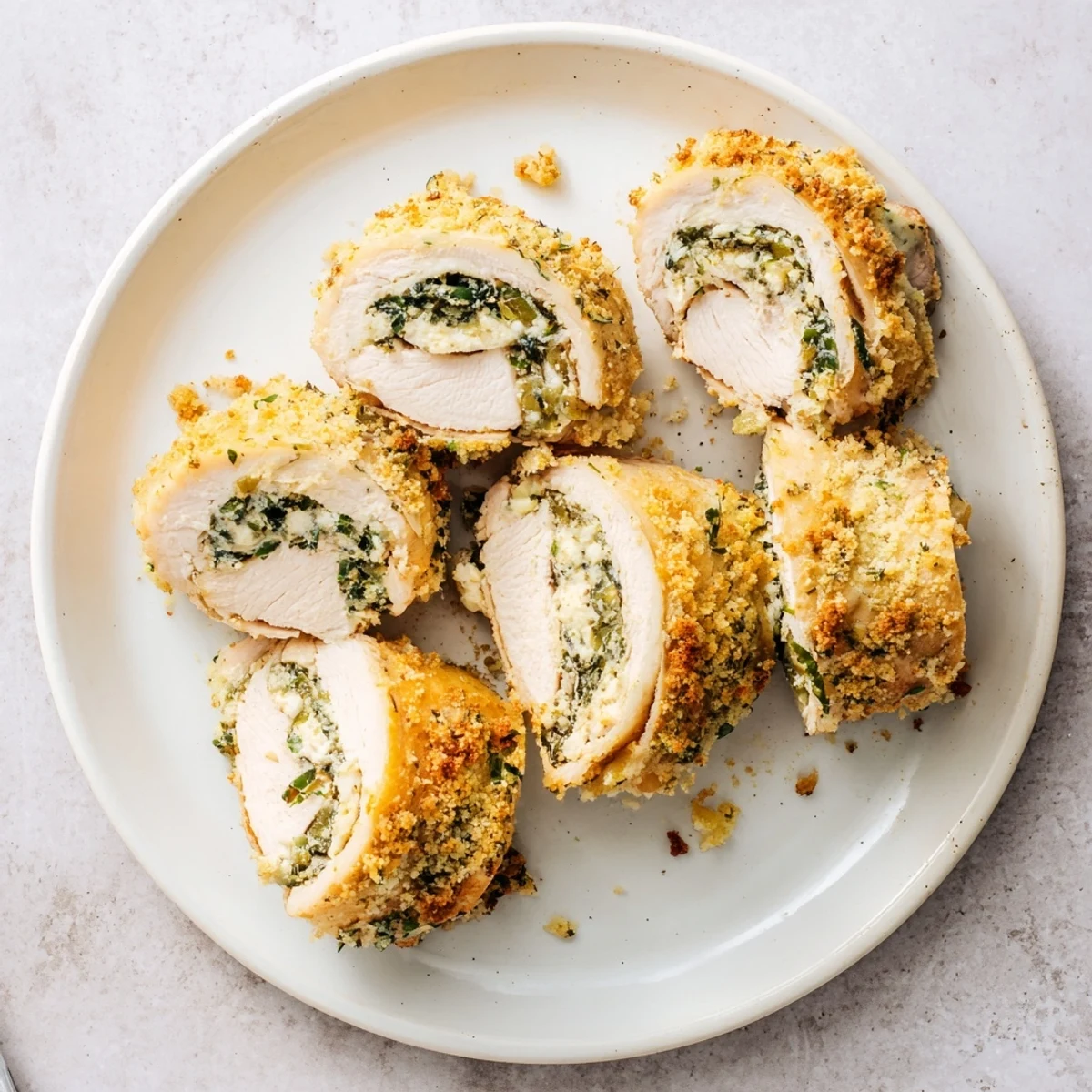 Tender baked chicken breasts rolled with creamy ricotta cheese filling and crispy breadcrumb topping