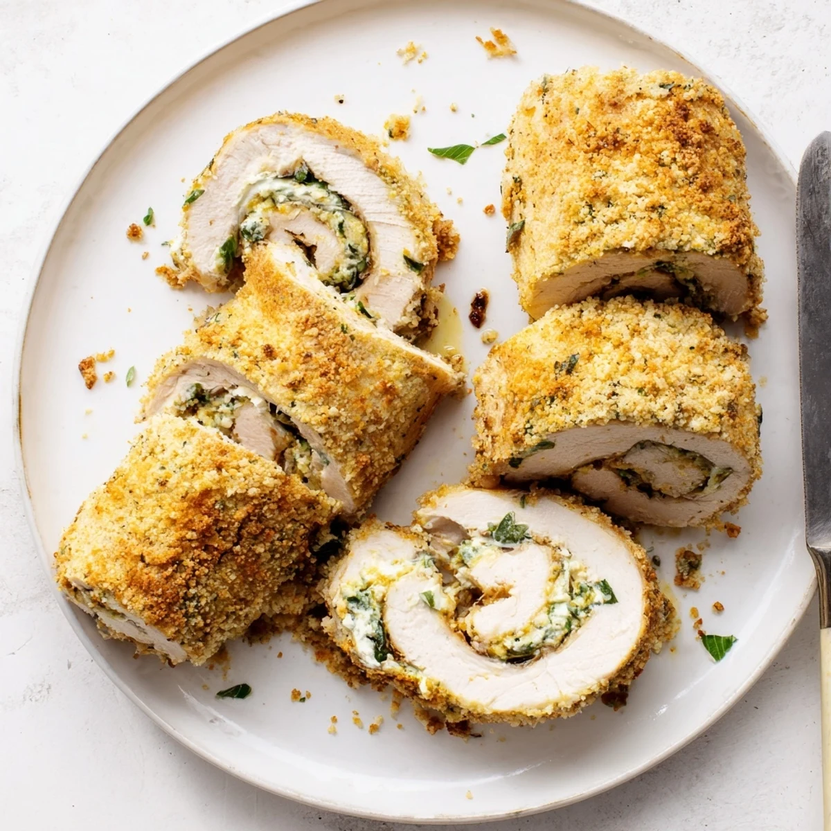Sliced herbed ricotta stuffed chicken rolls revealing the savory Italian cheese and herb center