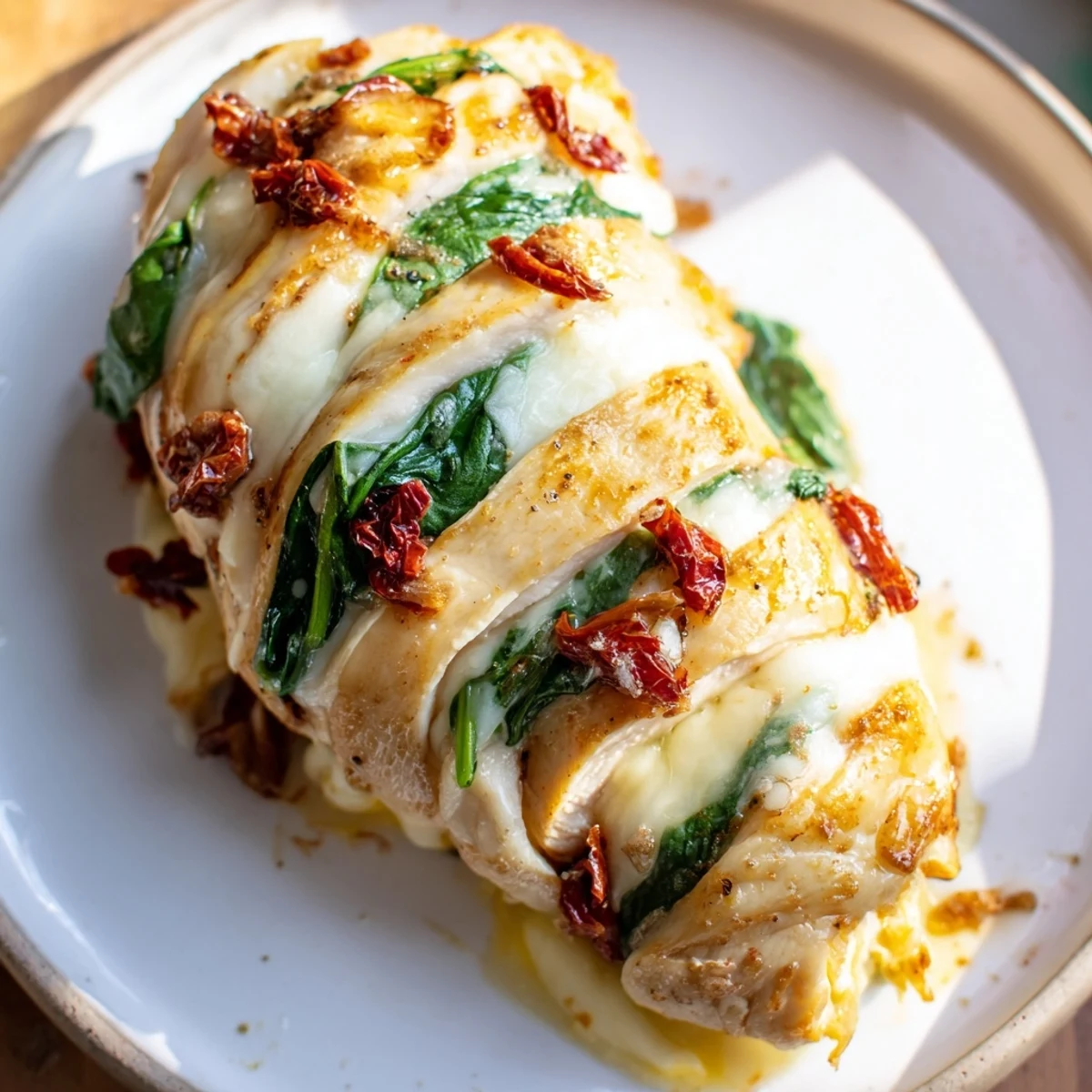 Sliced Hasselback chicken breast with cheesy spinach tomato filling on white plate