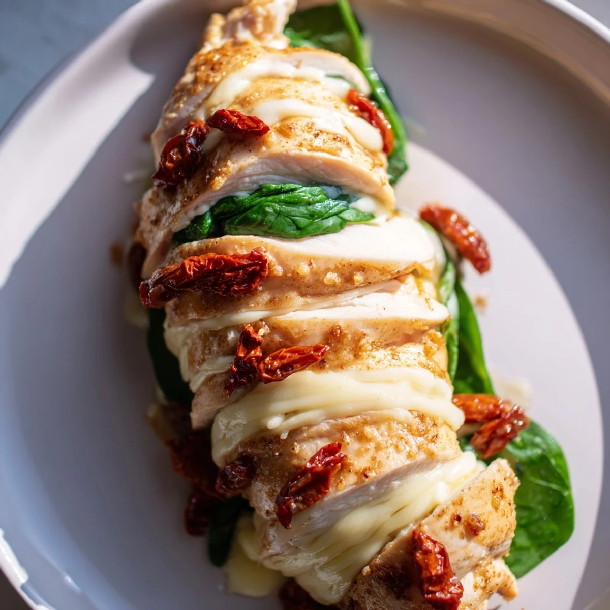 Hasselback chicken with accordion cuts filled with bubbling cheese and Mediterranean vegetables