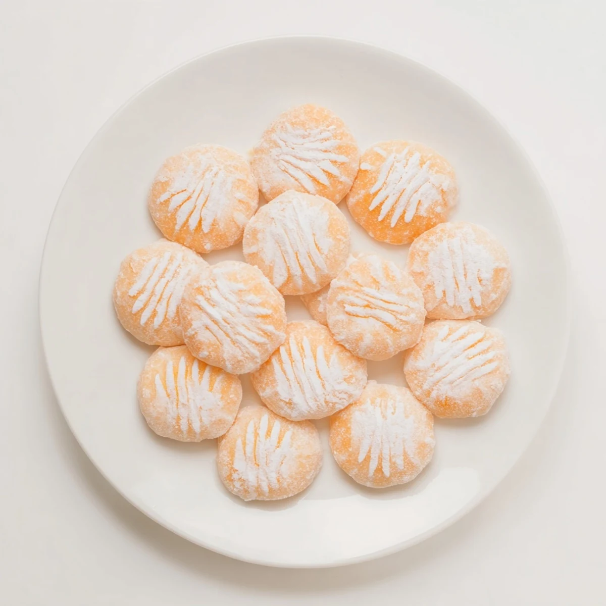 Bright orange cream cheese mints arranged on a white plate, dusted with powdered sugar