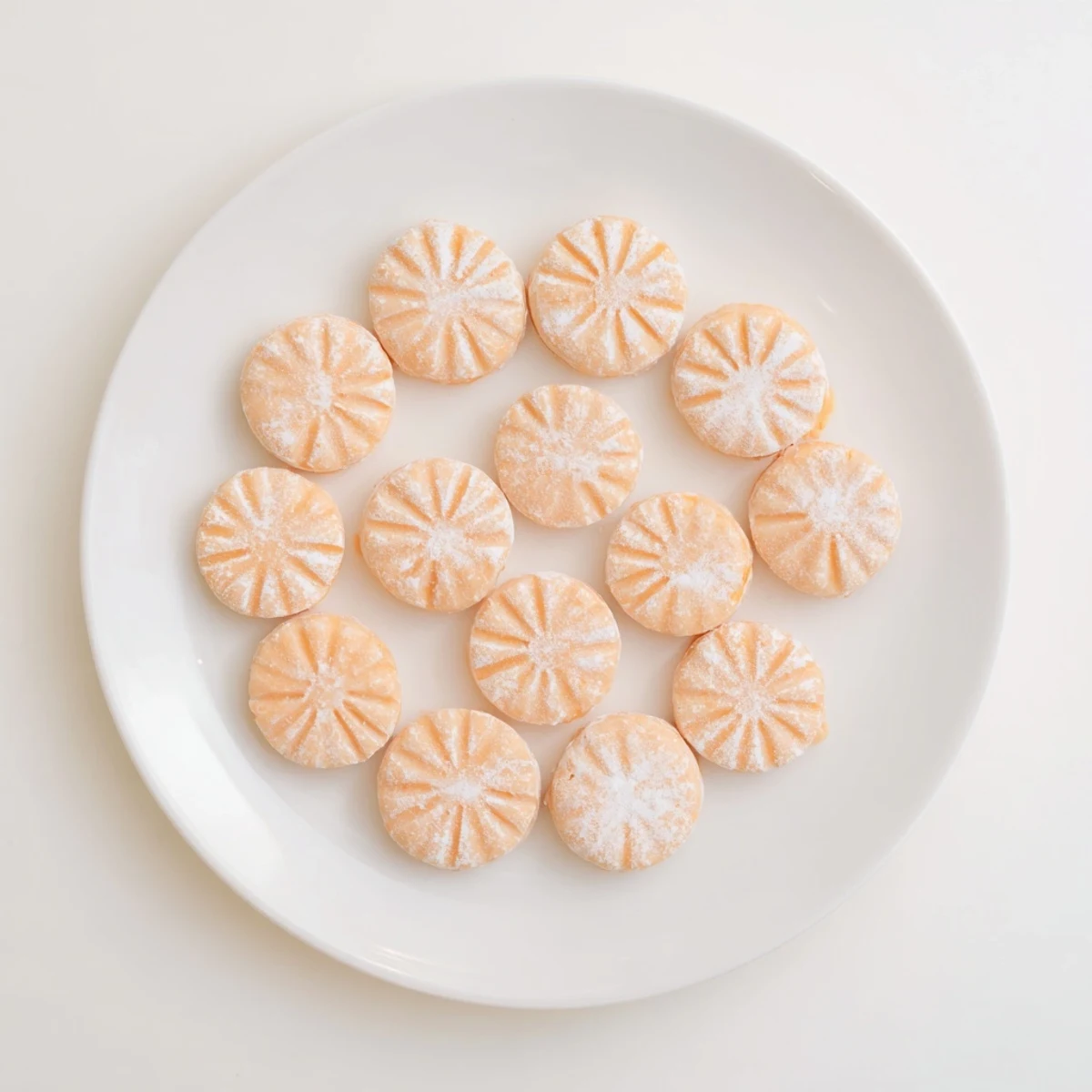Homemade orange cream cheese mints displayed on a decorative serving tray for holiday parties