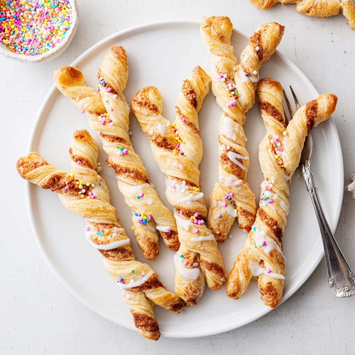 Fluffy cinnamon sugar Easter Bunny Twists shaped like bunny ears arranged on a rustic wooden cutting board.