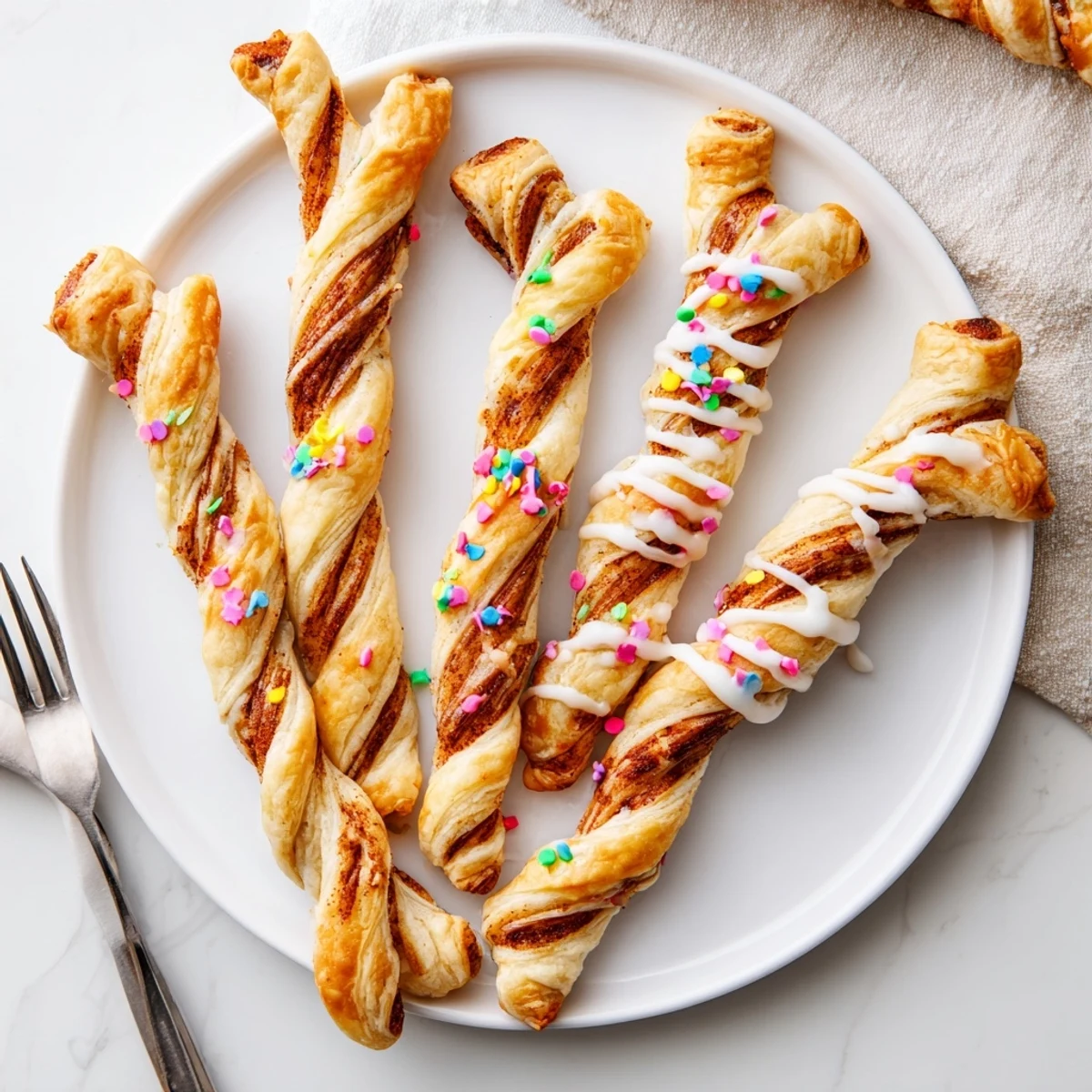 Golden brown Easter Bunny Twists pastry drizzled with white icing and colorful sprinkles on a white plate.