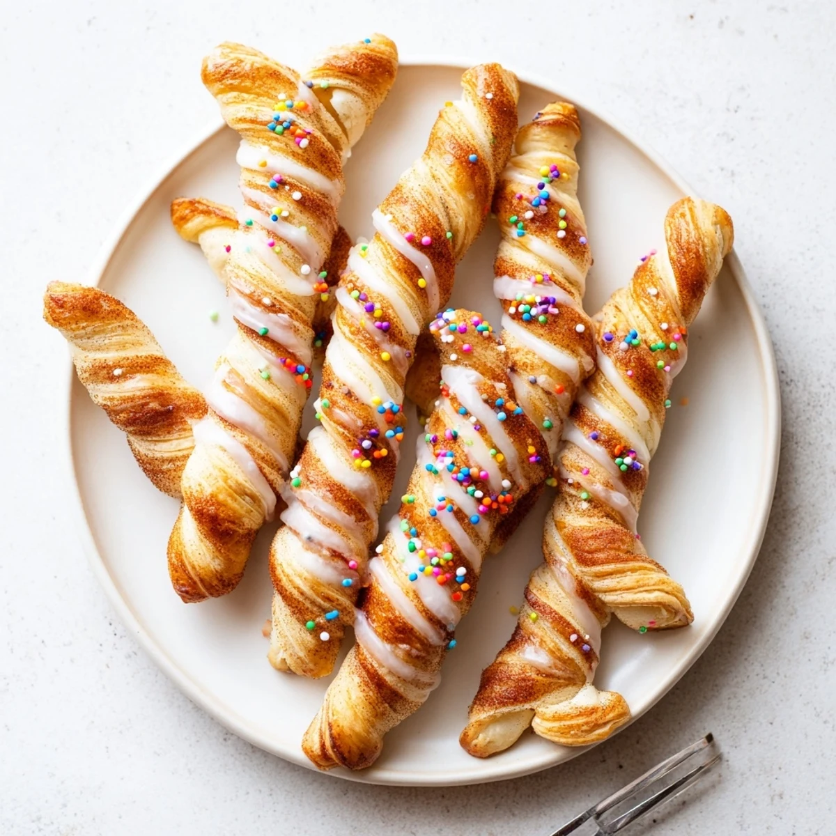 Close up of baked Easter Bunny Twists pastry with sweet glaze and pastel decorations for spring brunch.