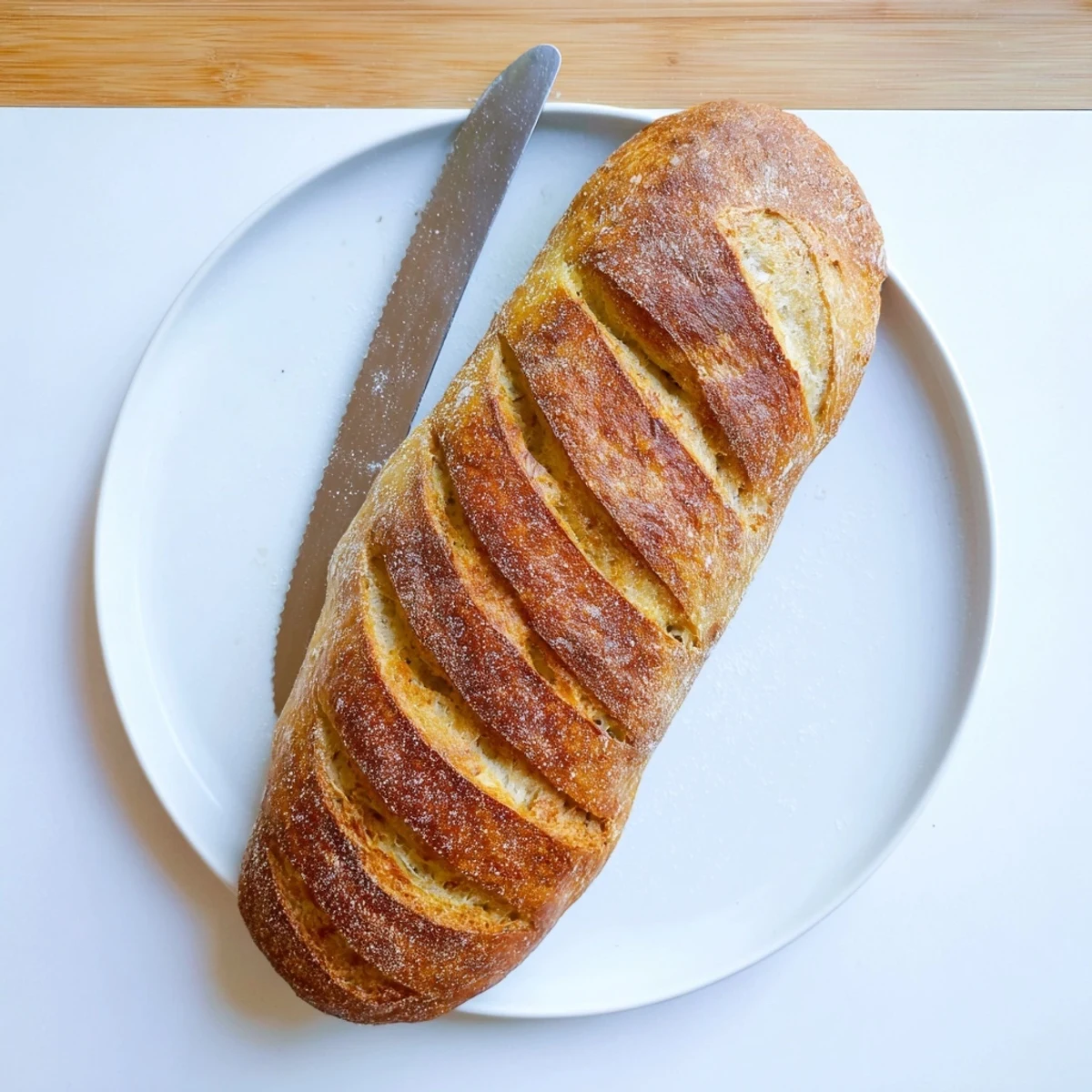 Homemade crusty Italian bread sliced open revealing soft airy texture and thick caramelized crust