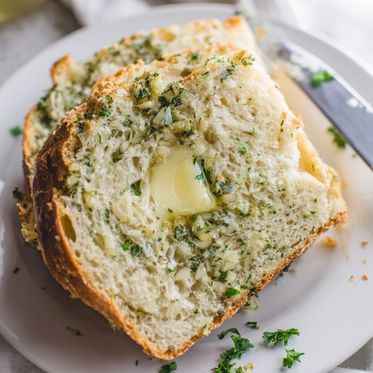 Golden crust garlic herb Dutch oven bread with fresh parsley and melted butter garnish on wooden cutting board