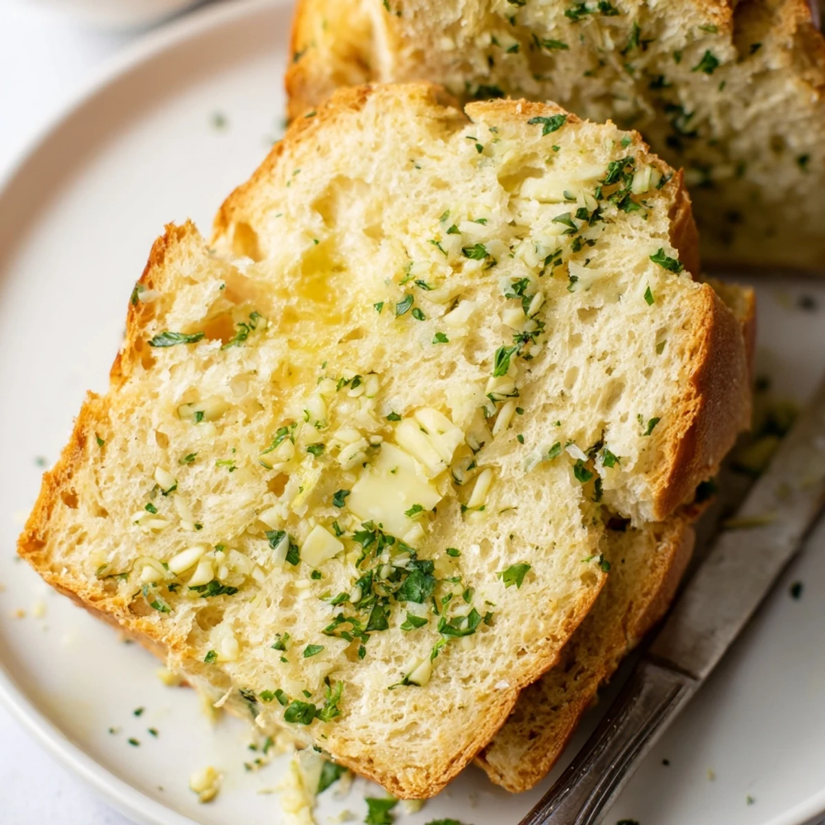 Rustic artisan garlic herb Dutch oven bread loaf sliced to reveal tender crumb and aromatic garlic pieces