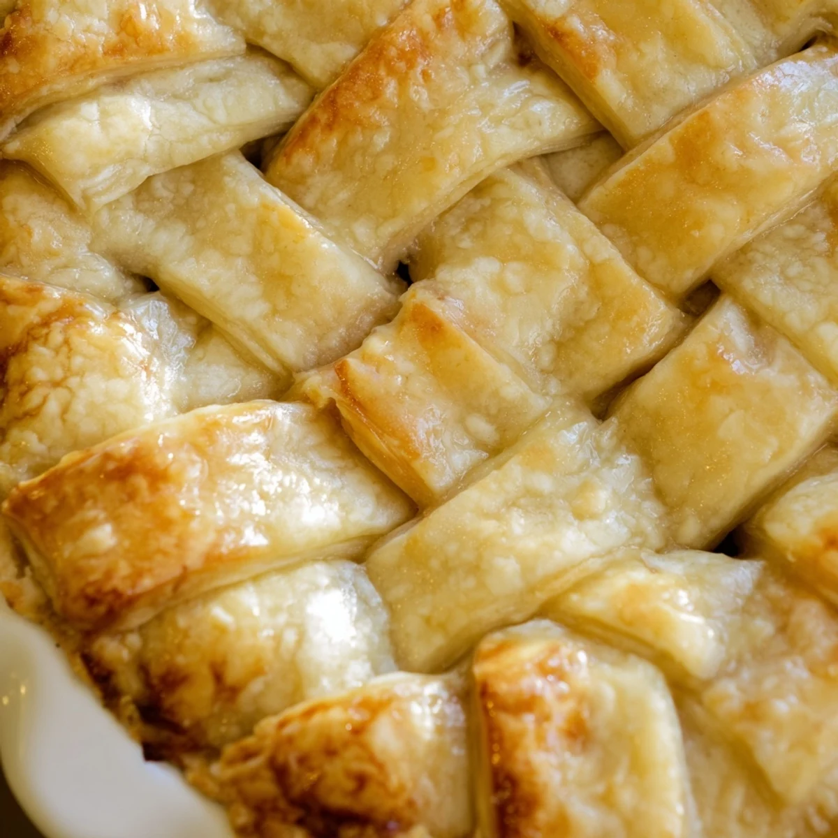 Golden brown Fishtail Braid Pie Crust with woven dough strips brushed with egg wash finish