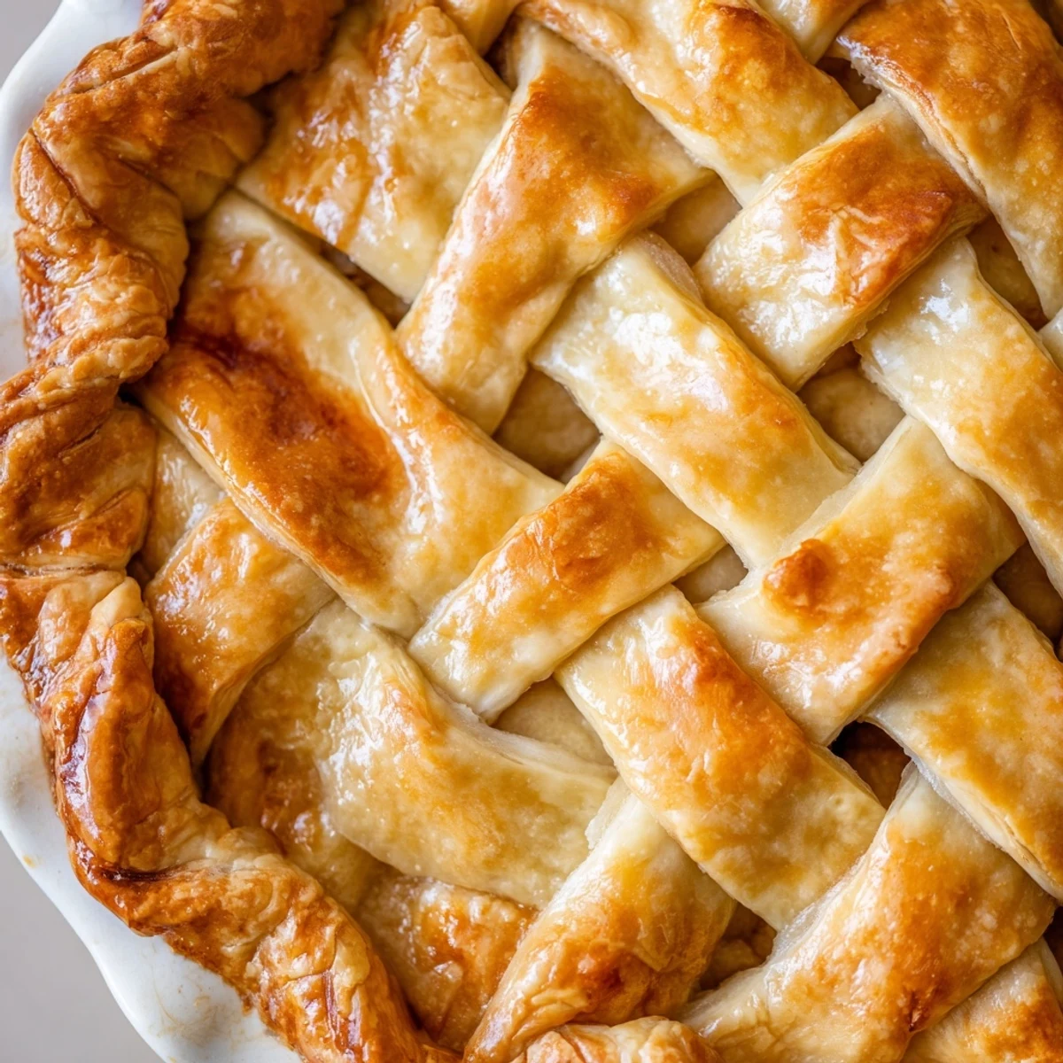 Close-up of Fishtail Braid Pie Crust showing three-strand woven pattern around golden baked pie edge