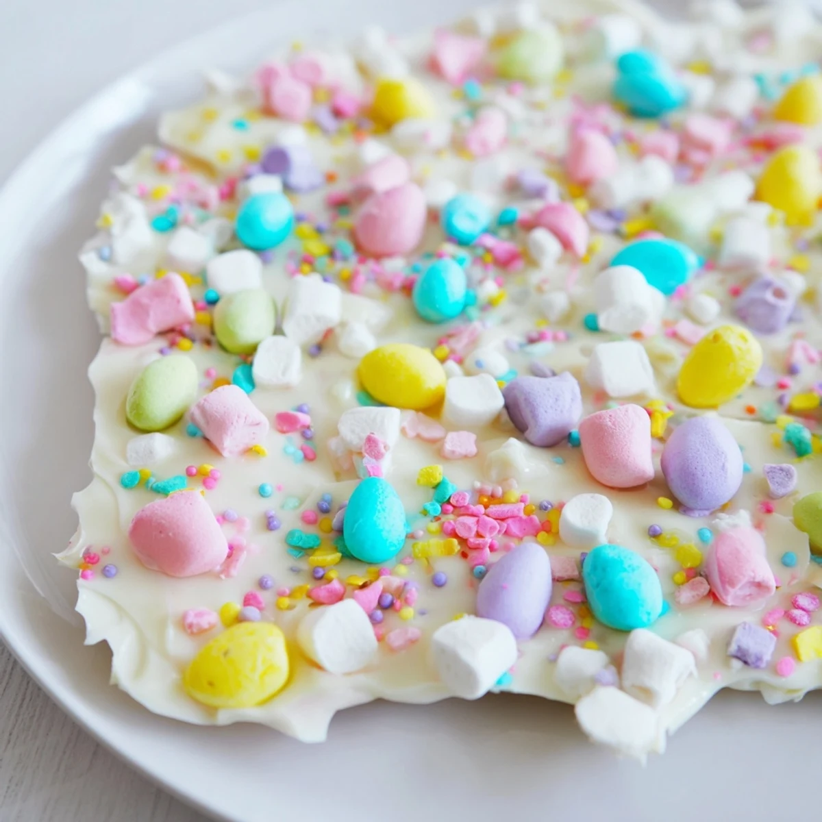 Festive white chocolate Easter marshmallow bark with mini marshmallows and spring decorations