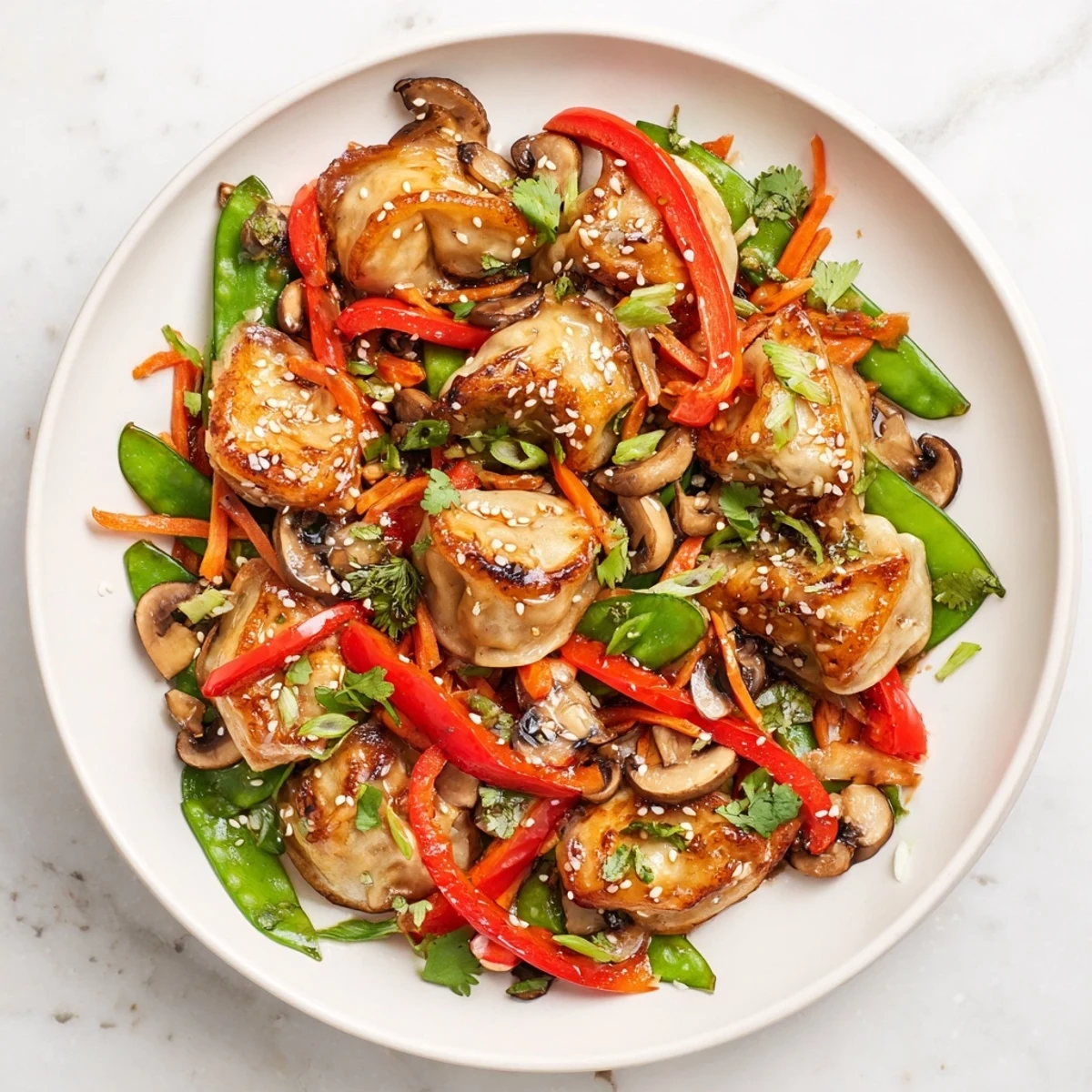 Golden pan-fried potstickers served with crisp vegetables drizzled in tangy hoisin soy glaze