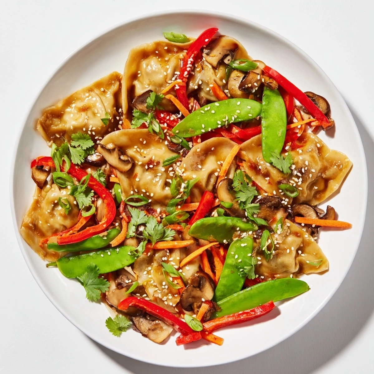 Vibrant potsticker stir fry with fresh snap peas, bell peppers, and sesame seed garnish
