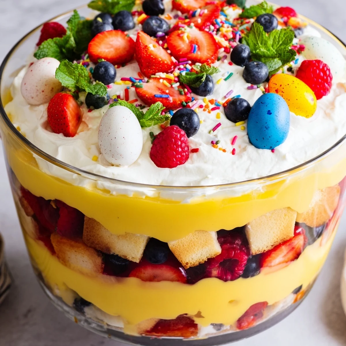 Glass bowl displaying Easter trifle dessert with layered custard, fresh berries, whipped cream, and colorful garnishes