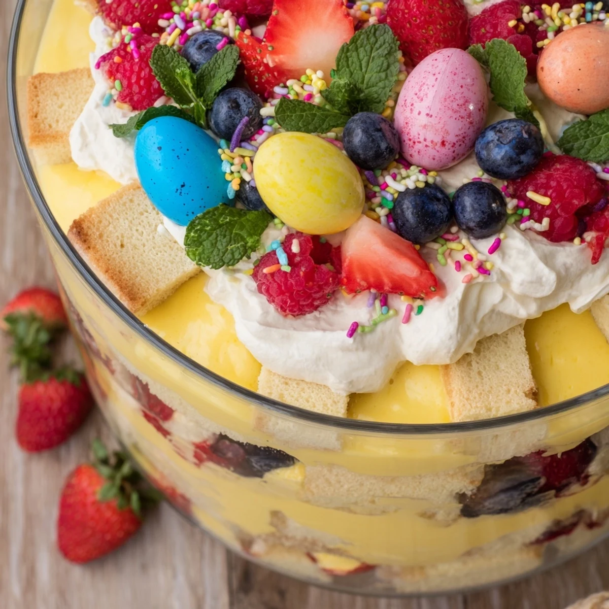 Festive Easter trifle dessert showing alternating cake, creamy vanilla custard, and macerated berry layers in trifle dish