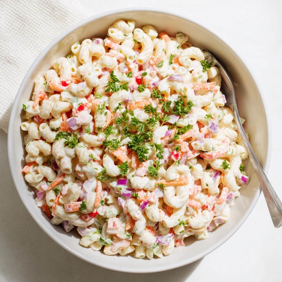 Creamy tangy macaroni salad bowl filled with colorful diced vegetables and tender pasta