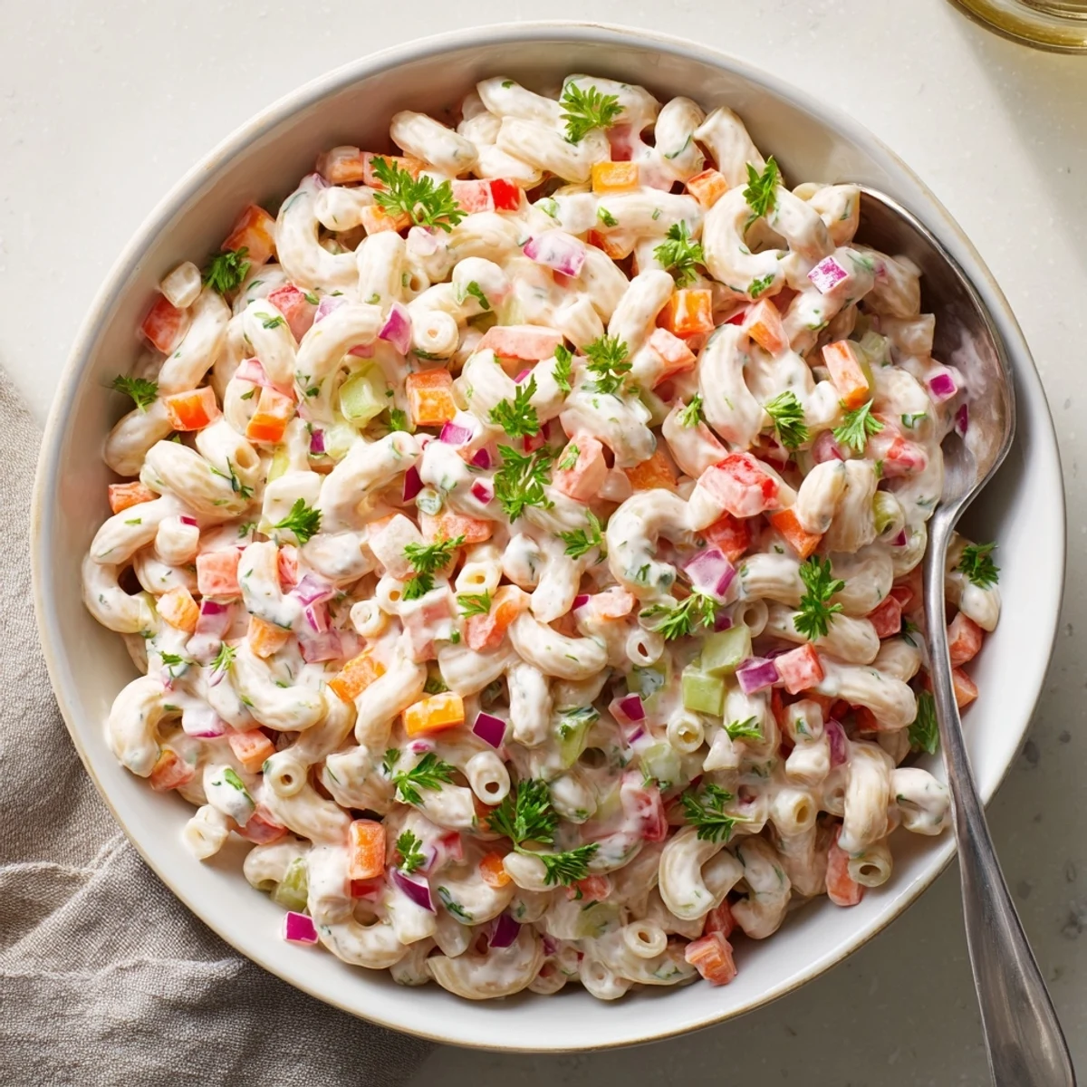 Classic American macaroni salad showcasing creamy dressing coating pasta and fresh chopped vegetables
