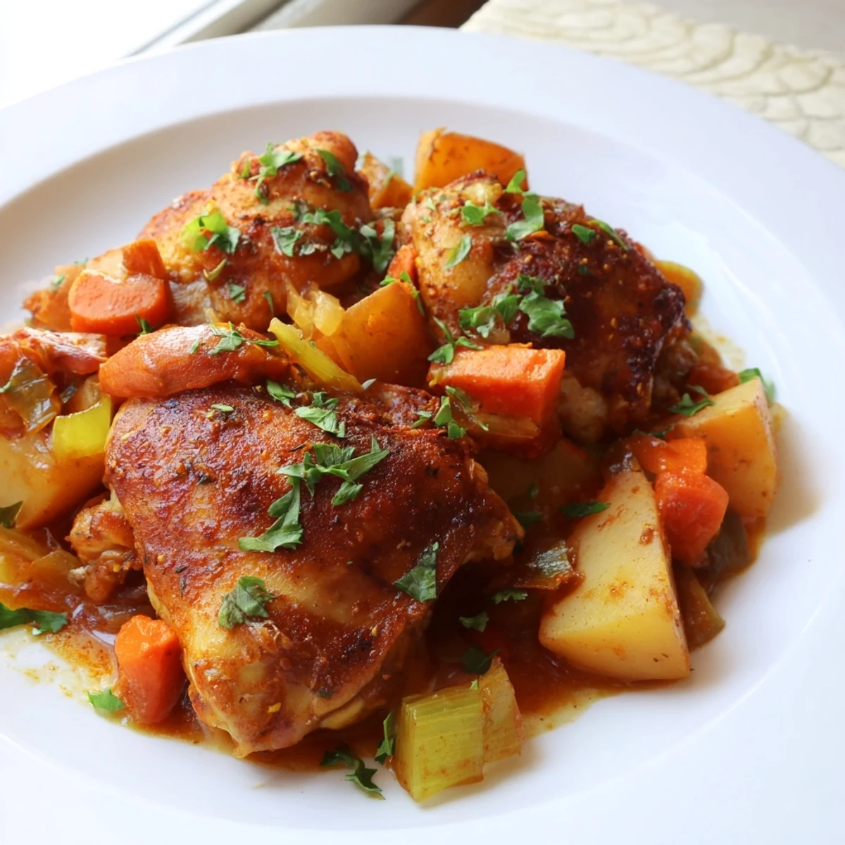 Slow cooker chicken dinner with tender vegetables in savory herb sauce