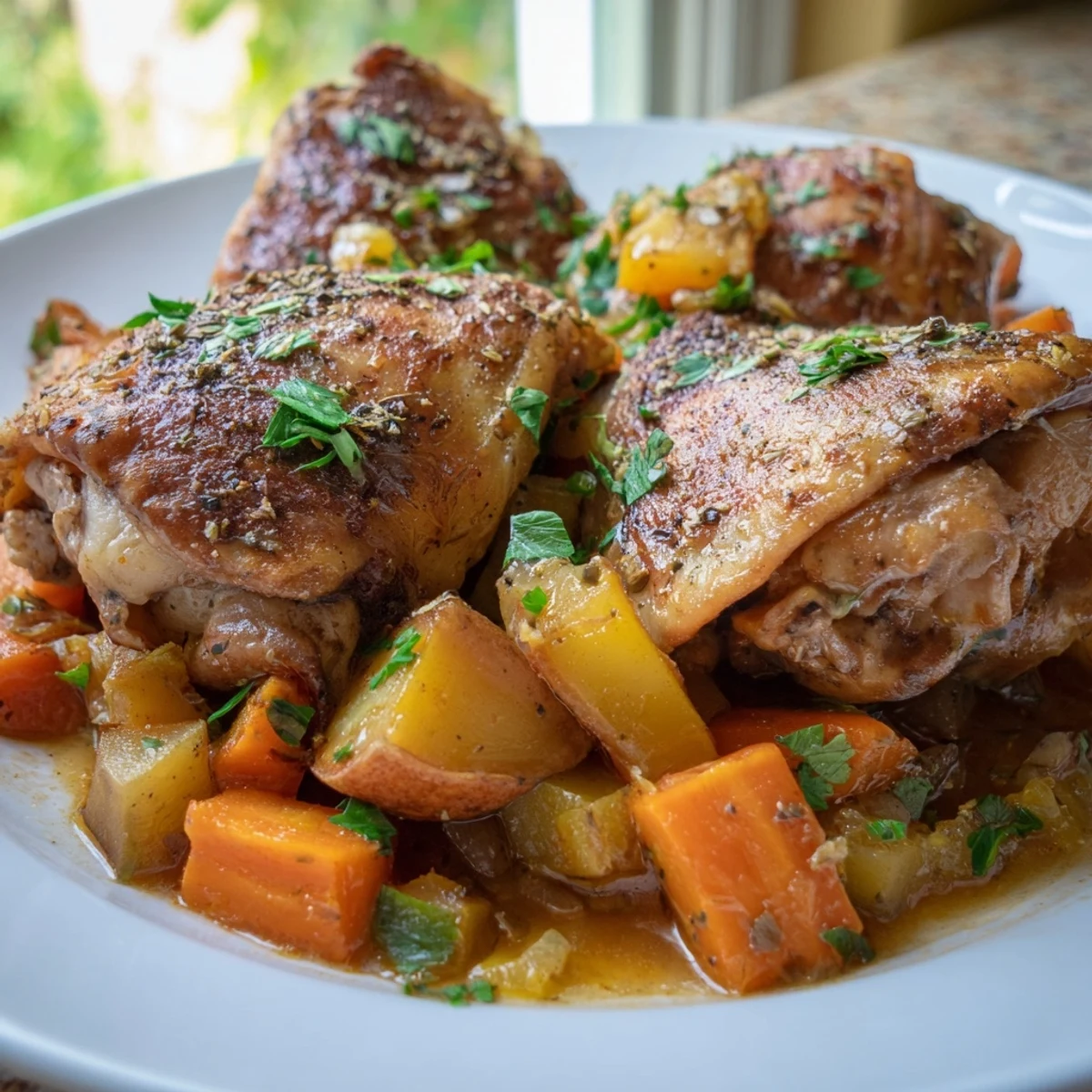 Golden chicken thighs nestled among carrots and potatoes in rustic slow cooker meal