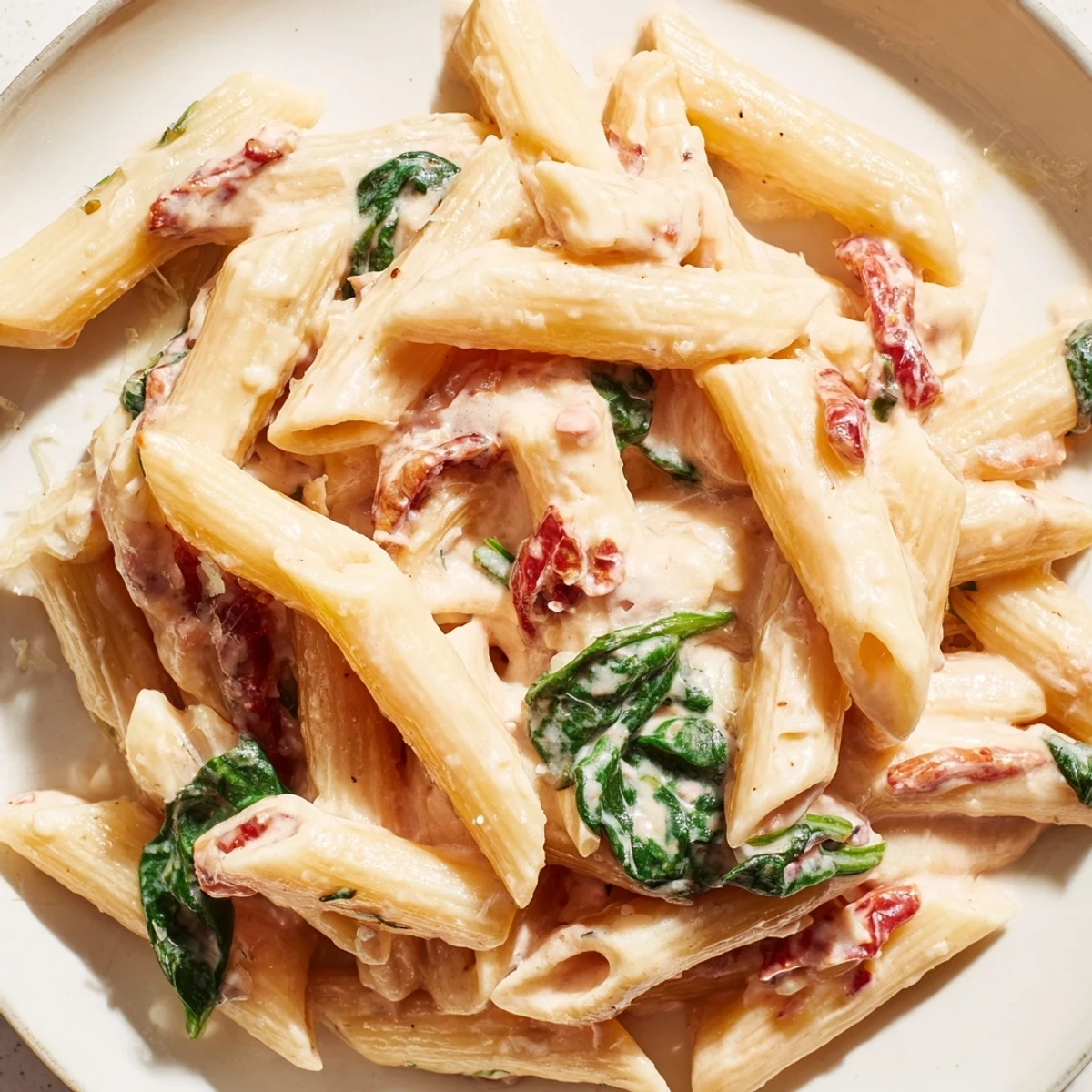 Creamy sun dried tomato spinach pasta in a rustic skillet with vibrant green wilted leaves