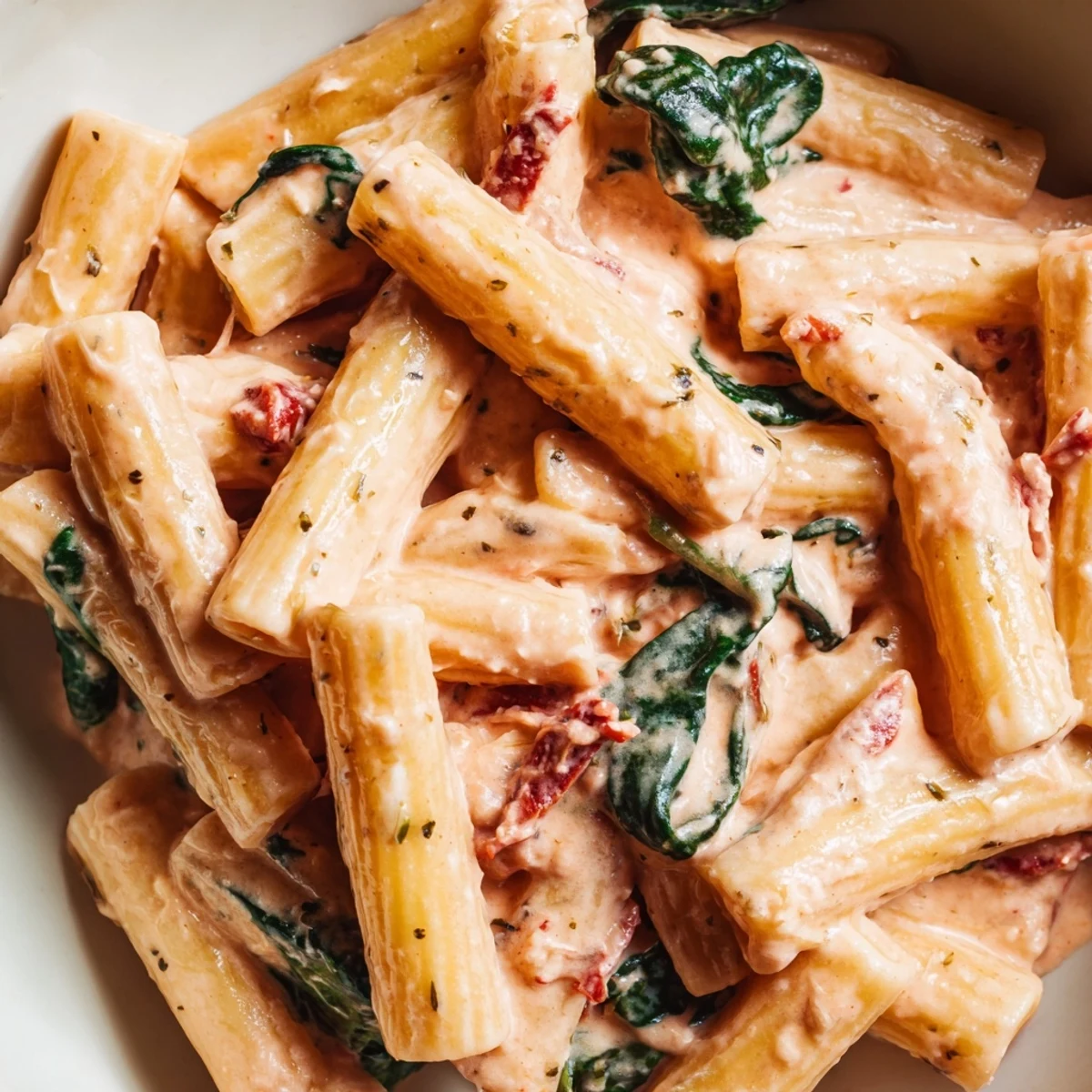 One pan creamy sun dried tomato spinach pasta coated in velvety pink cream sauce