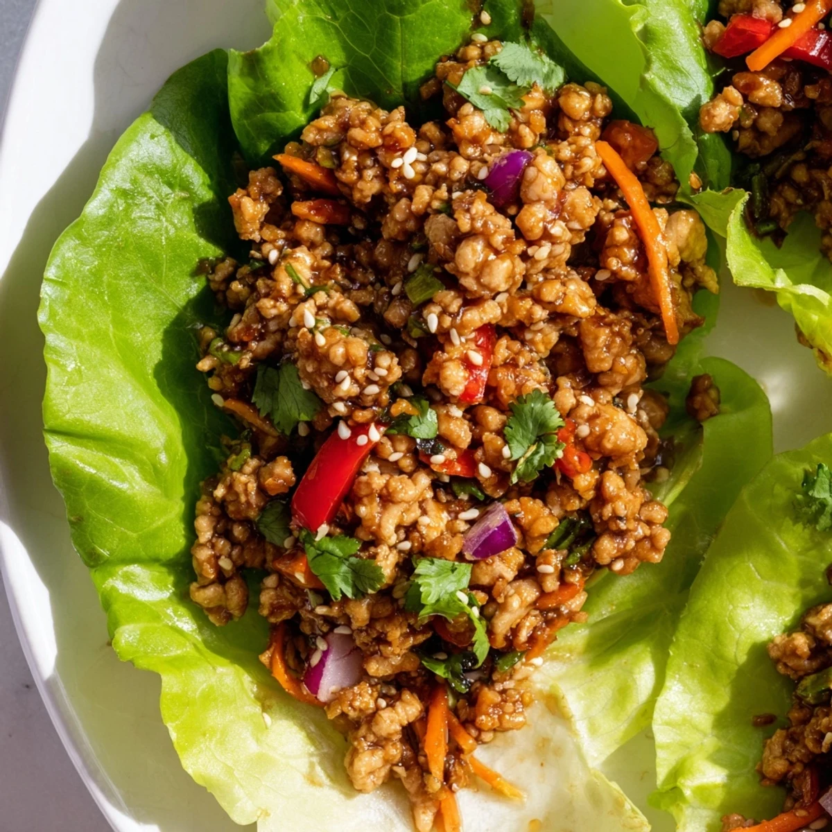 Seasoned ground turkey filling served in crisp lettuce cups with fresh herbs and sesame seeds