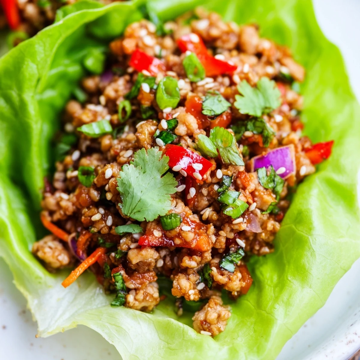 Crisp romaine lettuce leaves filled with savory ground turkey mixture and colorful diced vegetables
