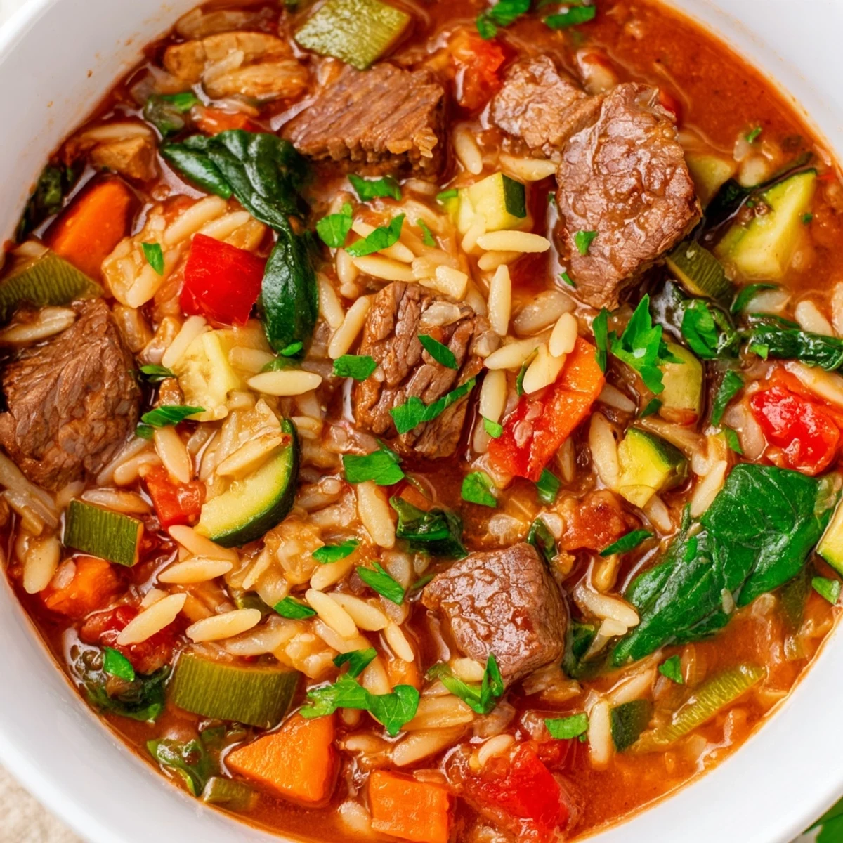 Hearty beef and orzo soup with tender meat and colorful vegetables in steaming savory broth