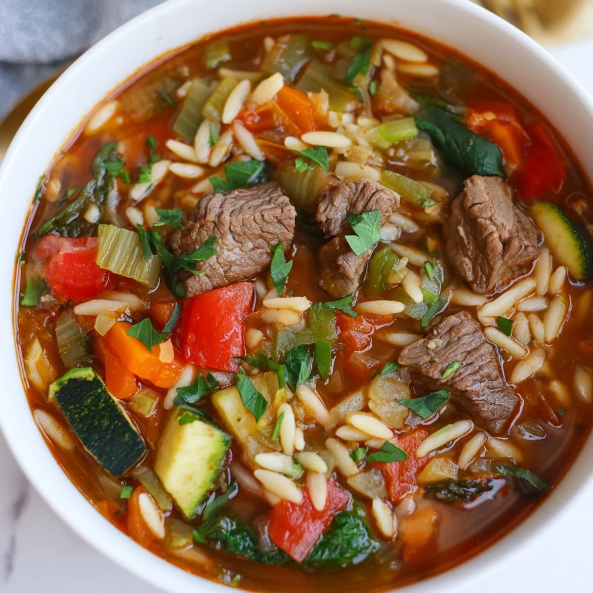 Rustic bowl of hearty beef and orzo soup garnished with fresh parsley and garden vegetables