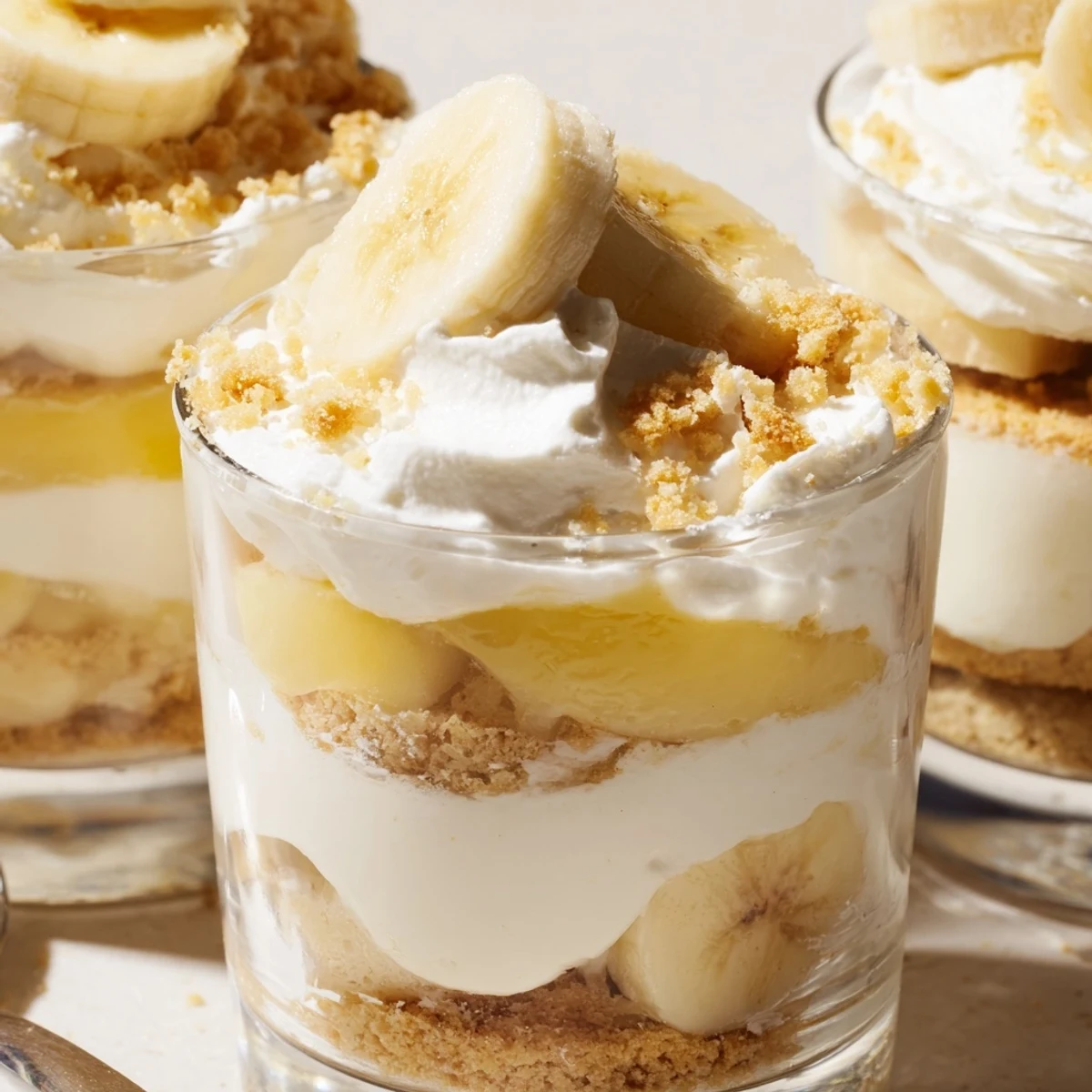 Individual No Bake Banana Pudding Cheesecake Cups with golden vanilla wafer crust and fluffy whipped topping