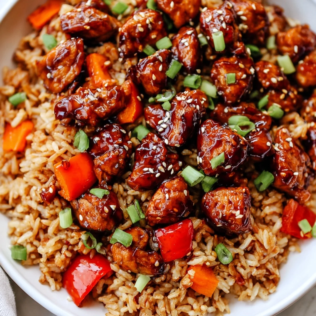 One Pan Korean BBQ Chicken and Rice served steaming in a cast iron skillet