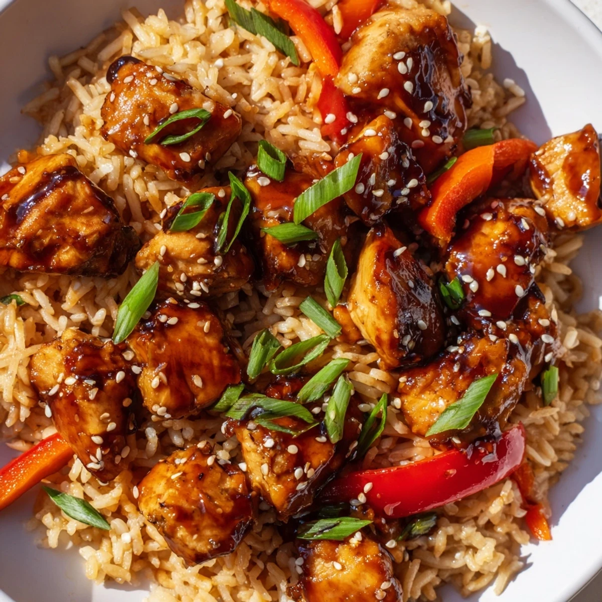Tender glazed chicken pieces nestled in fluffy rice with colorful crisp vegetables