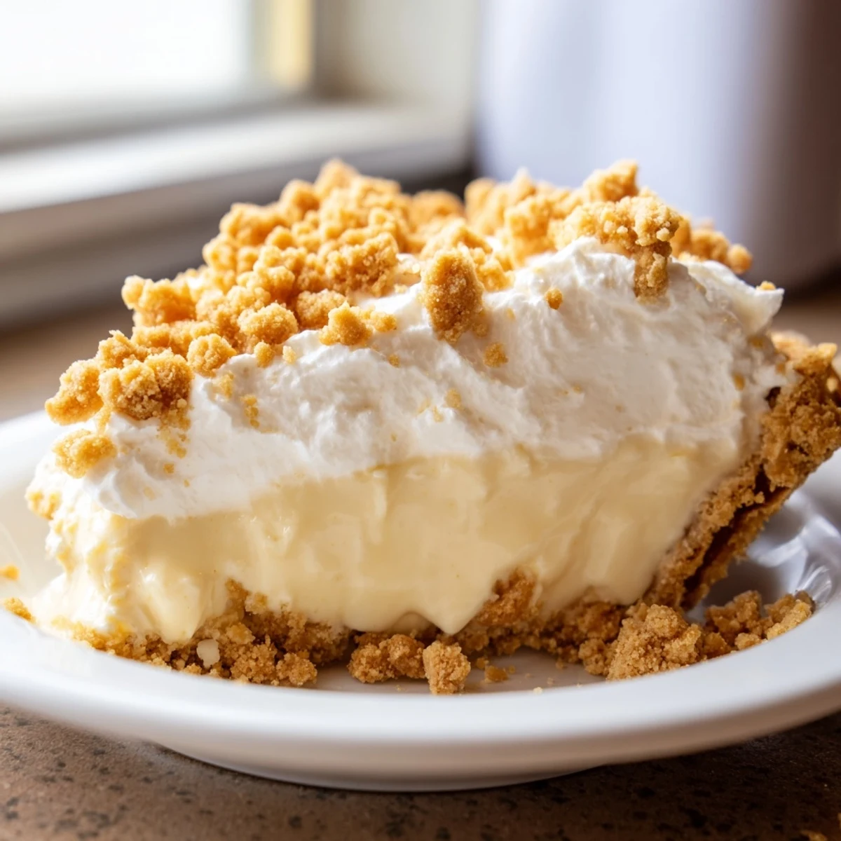 Slice of Amish Peanut Butter Dream Pie revealing velvety custard filling in golden flaky crust