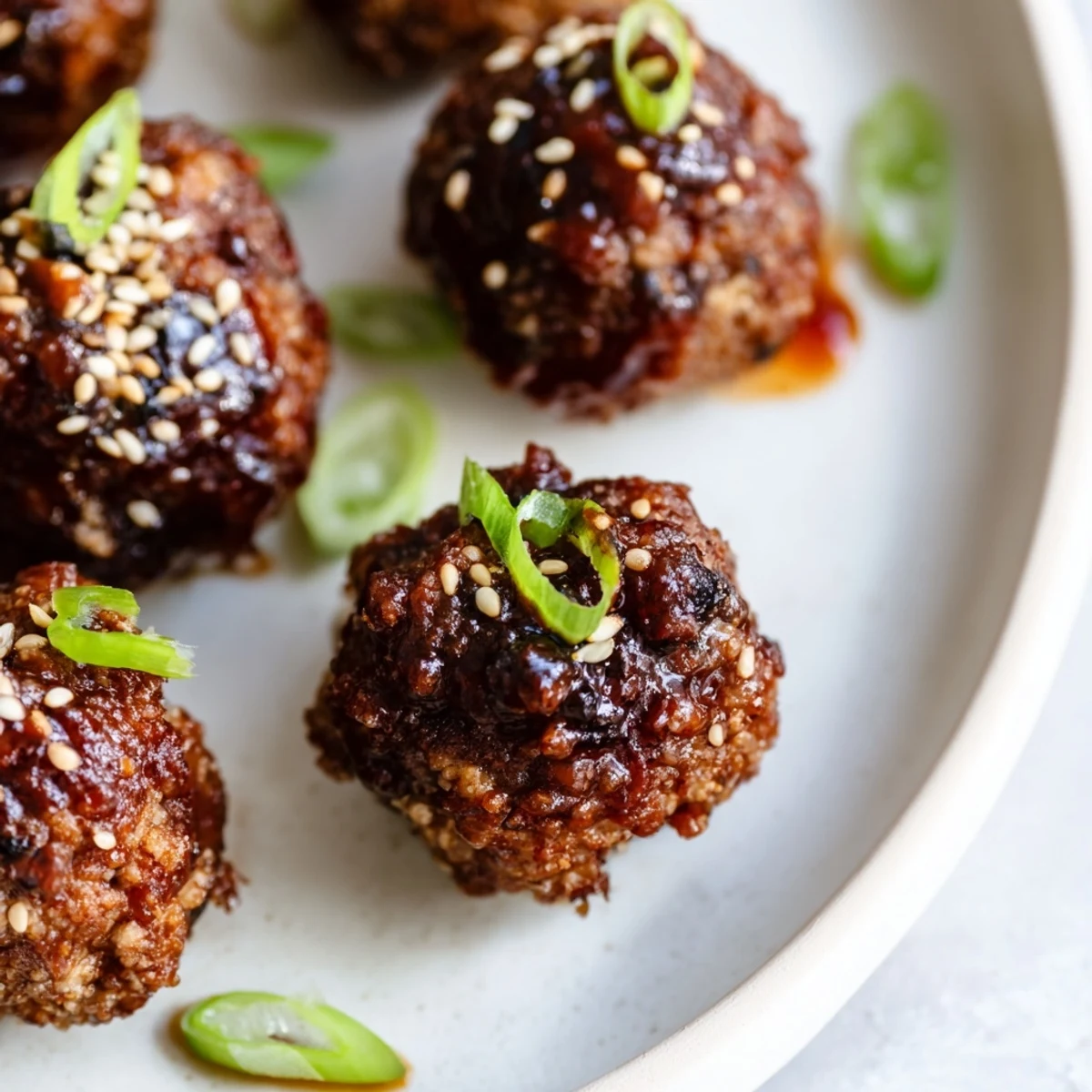 Golden Korean BBQ meatballs topped with sesame seeds beside a bowl of spicy mayo dip