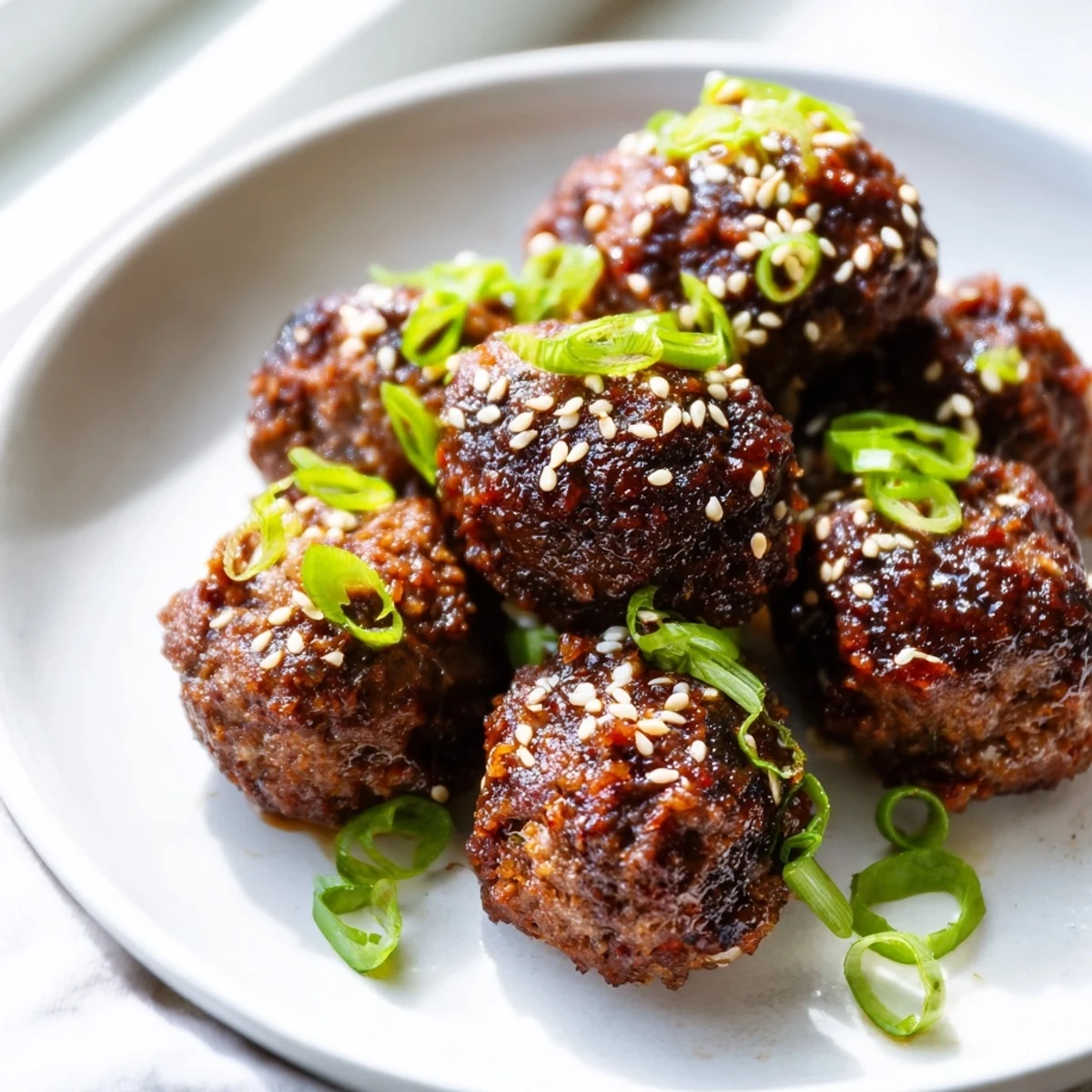Juicy baked Korean BBQ meatballs glazed and garnished with fresh green onion slices