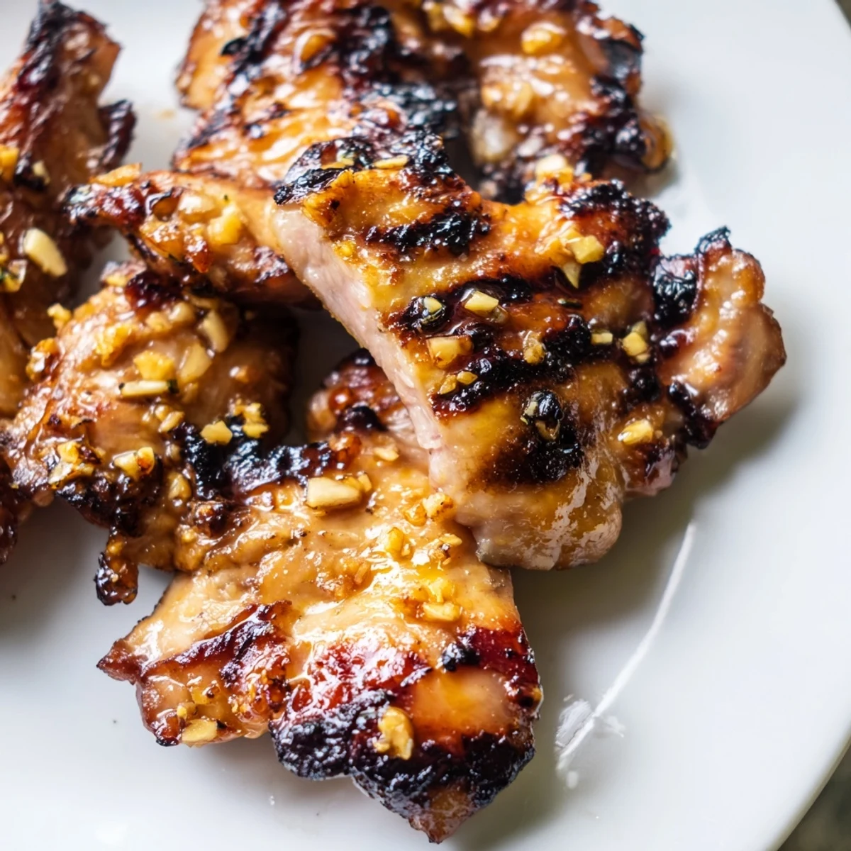 Grilled Vietnamese Chicken with charred edges served on a white plate with fresh cilantro and lime wedges