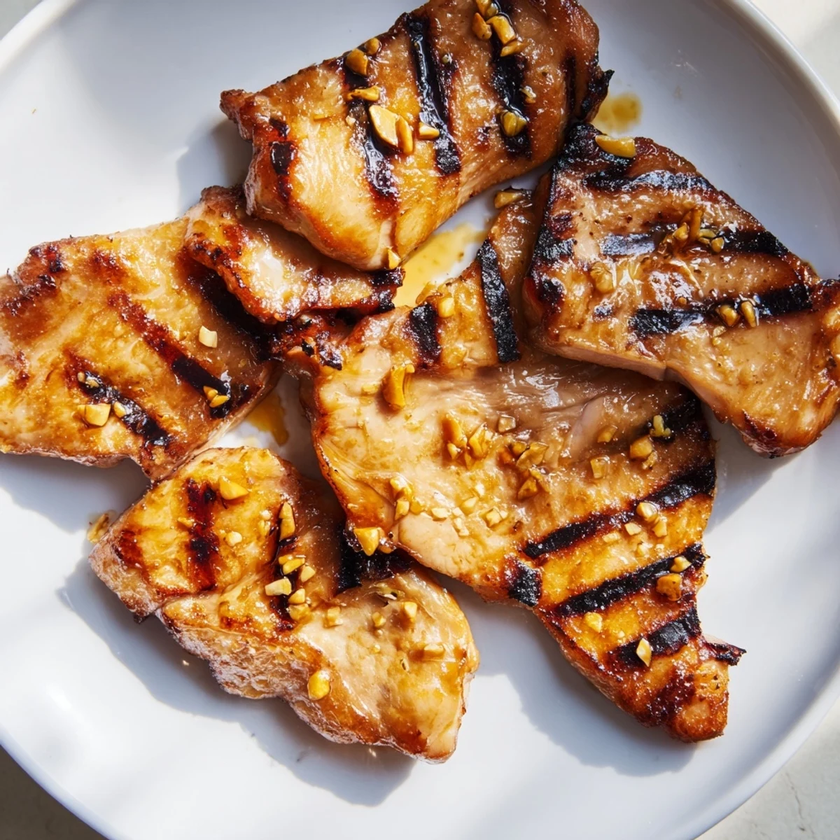 Golden brown Grilled Vietnamese Chicken thighs resting on a wooden board ready for slicing and serving